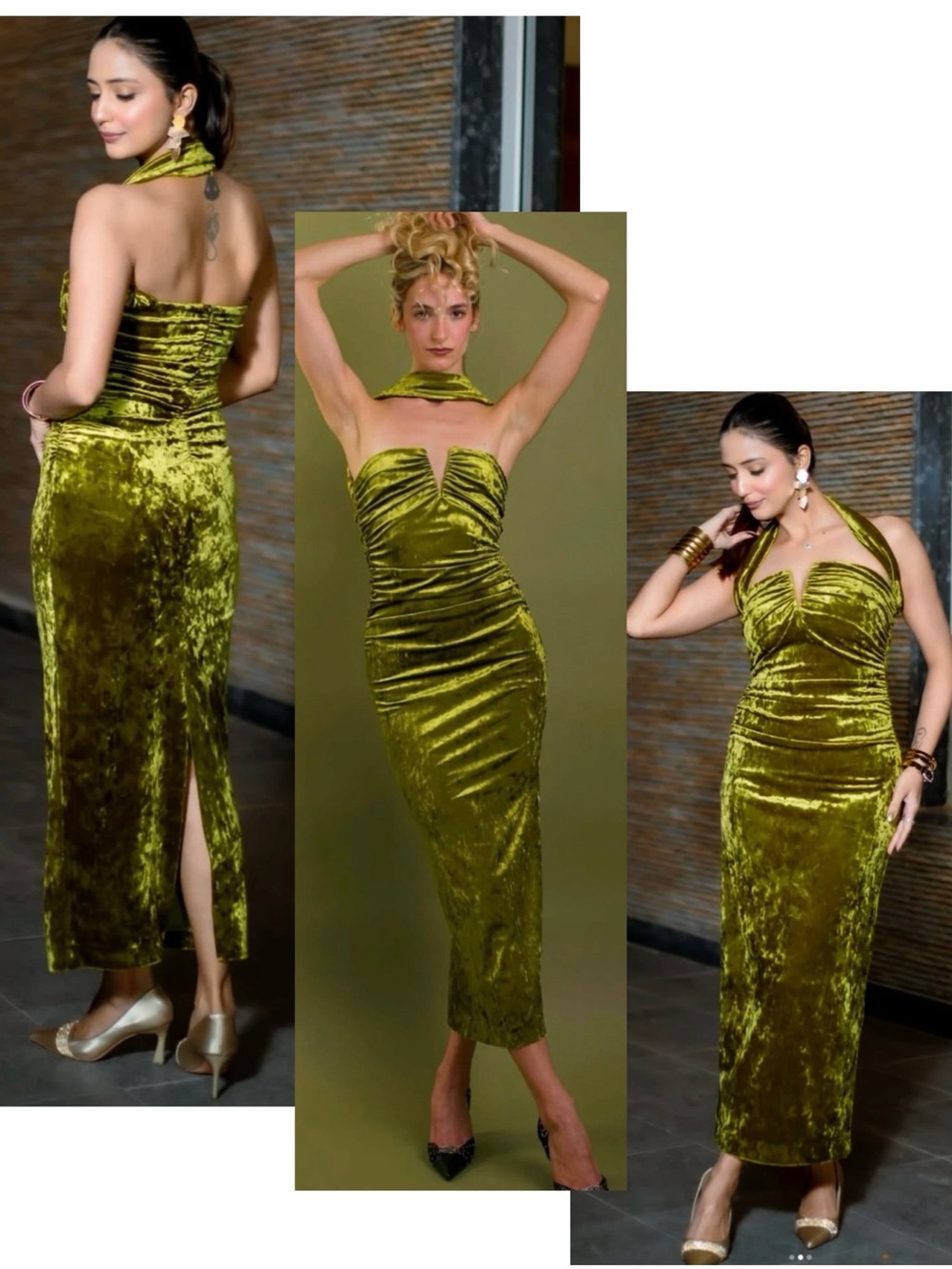 ZARA Olive Green Crushed Velvet Ruched Midi Dress Scarf Neck Size L NWT - Picture 4 of 16